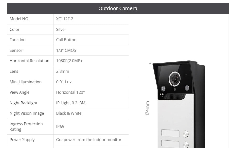 XC112F-2 HD Waterproof Doorbell Camera with 2 Call Buttons for XSL 4 Wire 1080P Video Door Phone Intercom Home Security 2 Flats