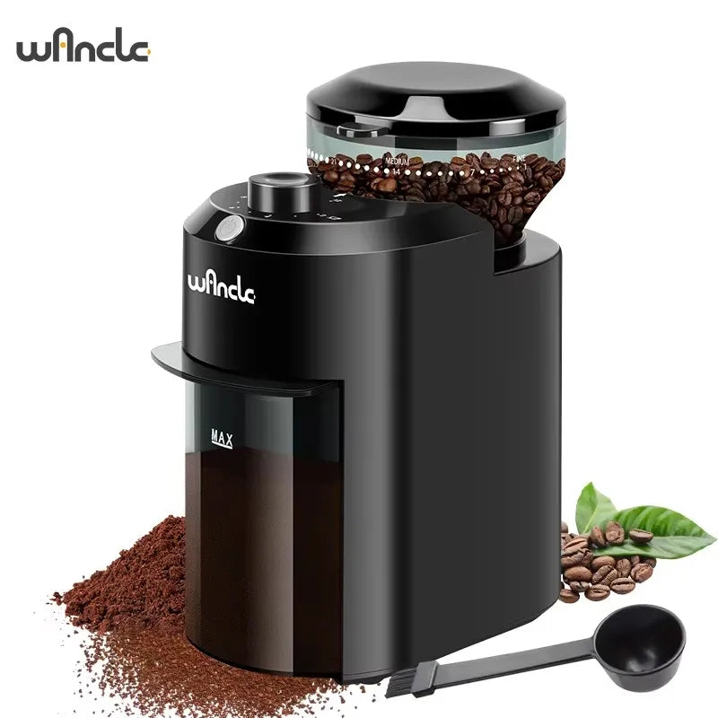 Winco black electric burr coffee grinder with adjustable grind settings, bean hopper, and grounds container.