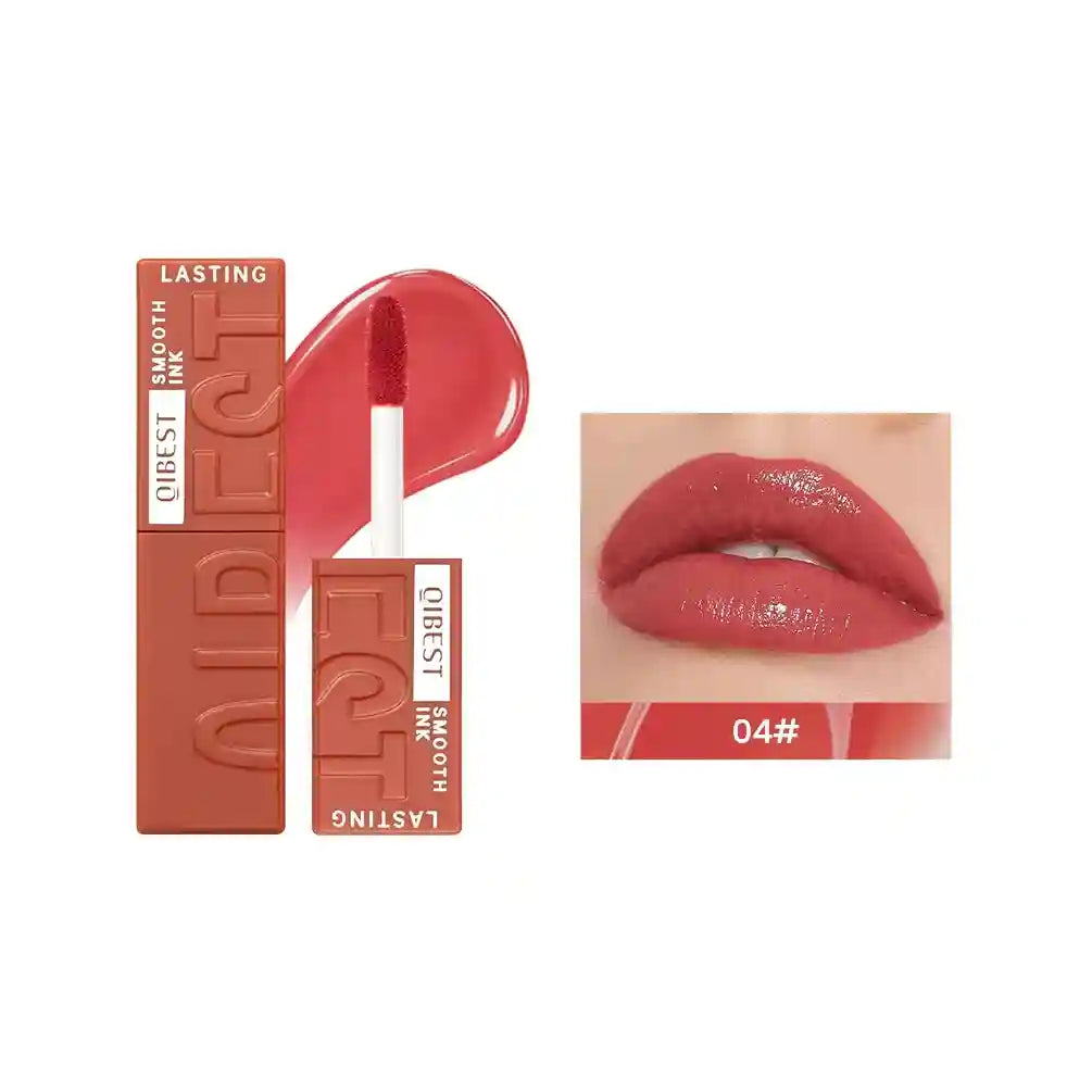 QIBEST glossy watery lip glaze in shade 04, a moisturizing liquid lipstick with a mirror-shine red tint finish.