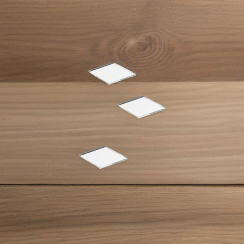 Rhombus self-adhesive mini mirror tiles, three silver reflective diamond tiles on wood