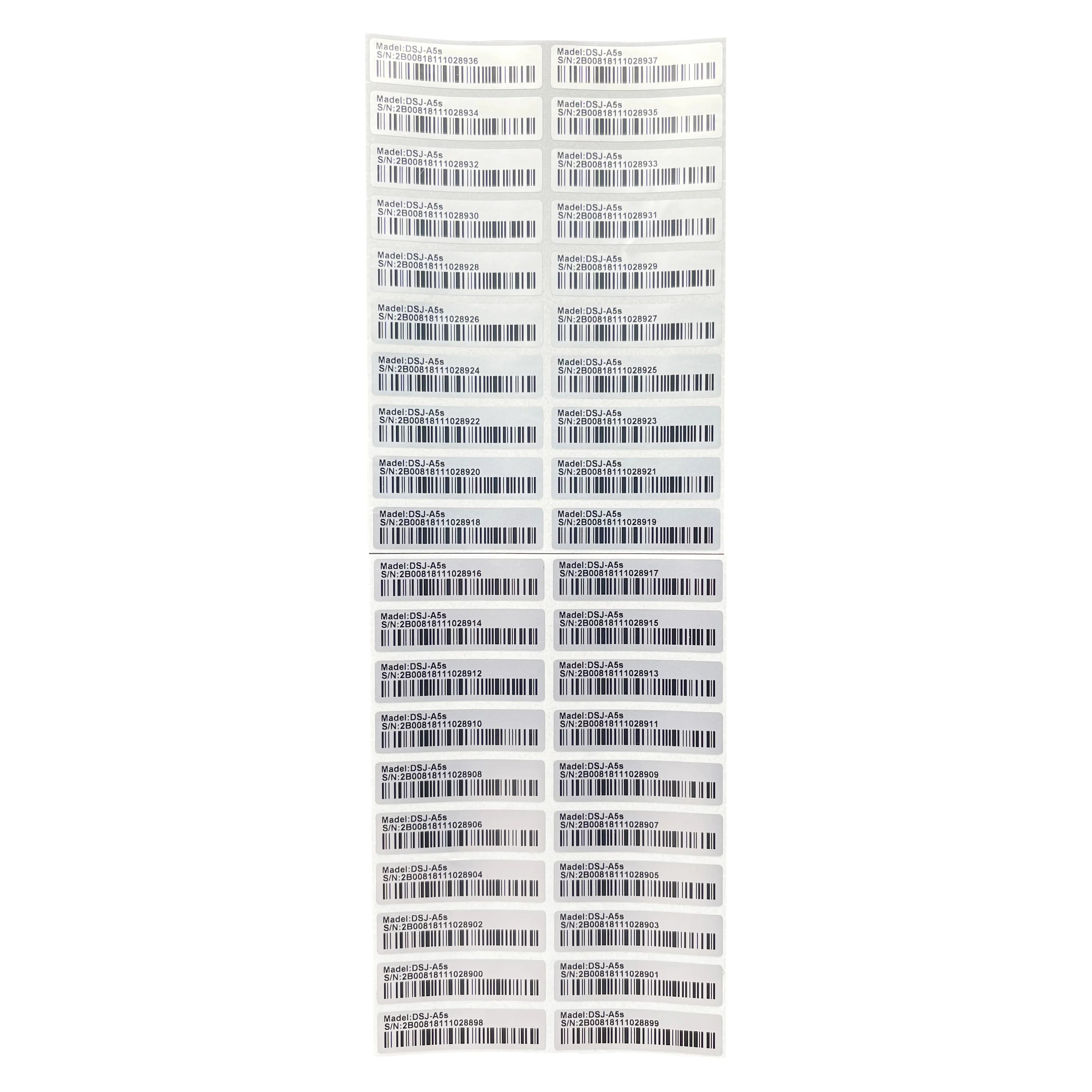 100 matte silver PET barcode 128 labels (40x10mm). Durable, fade-resistant, pre-printed stickers for pet product tracking.