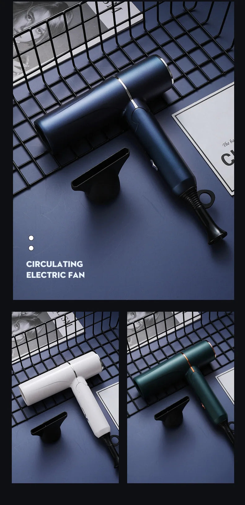 Foldable 1200W negative ion hair dryer in blue, white, and green with a concentrator nozzle for fast hair drying.