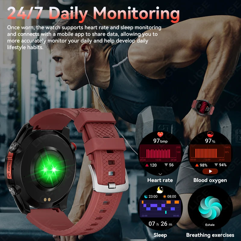 LIGE New Global Hiking Smart Watch 1.46''HD Screen 530mAh Battery GPS Path Track Outdoor Sport Fitness Waterproof Smartwatch Men
