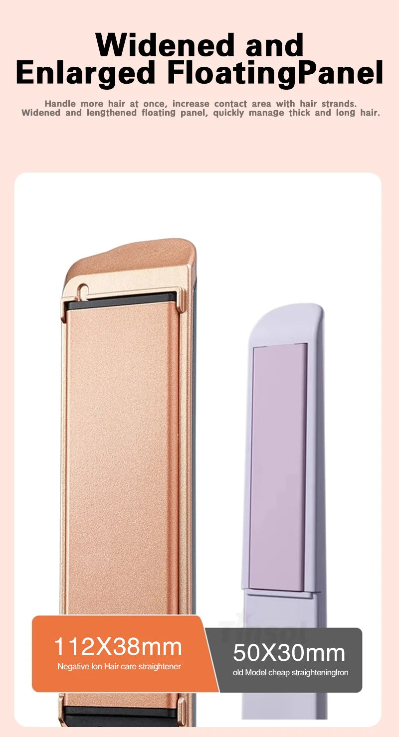 TINSOL 2-in-1 rose gold hair straightener with wide, enlarged floating panels for professional styling of long hair.