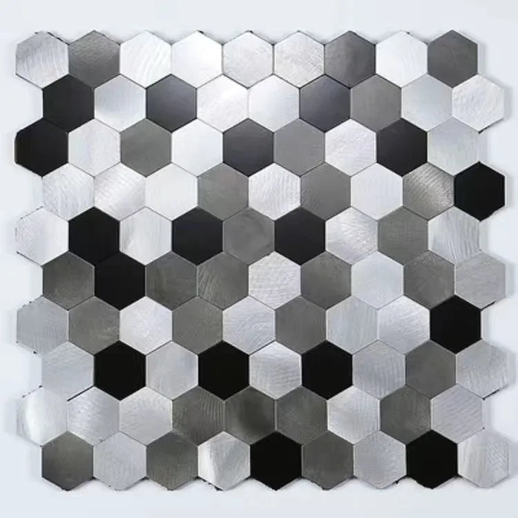 Brushed silver and charcoal hex mosaic peel-and-stick wall tile sheet
