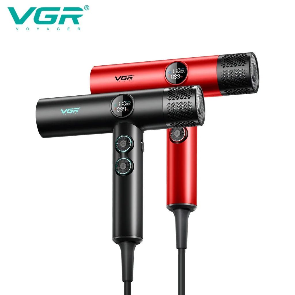 VGR V-401 professional leafless hair dryer in black and red with 110,000RPM brushless motor and digital LED display.