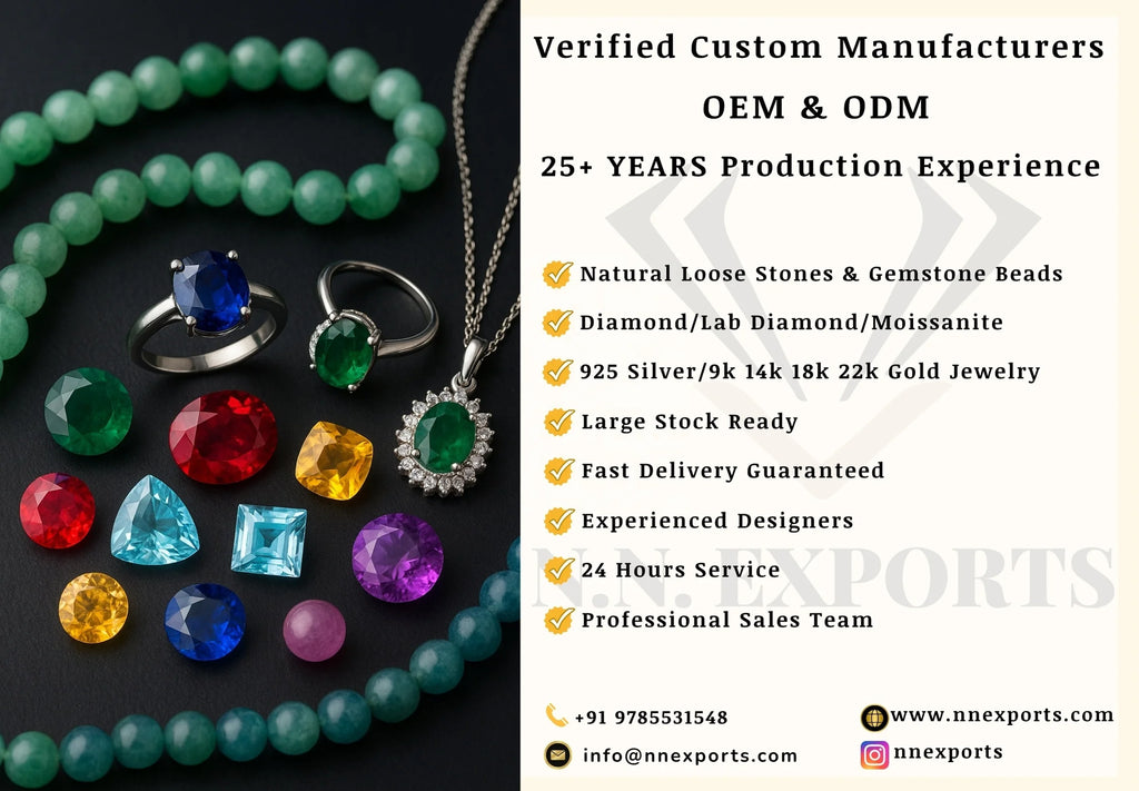 Gemstone bead strands and jewelry pieces with verified manufacturer information panel