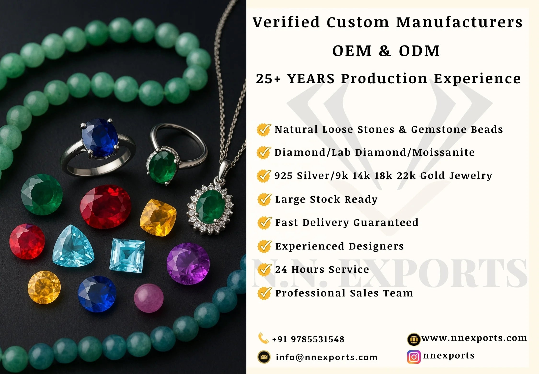 Gemstone bead strands and jewelry pieces with verified manufacturer information panel