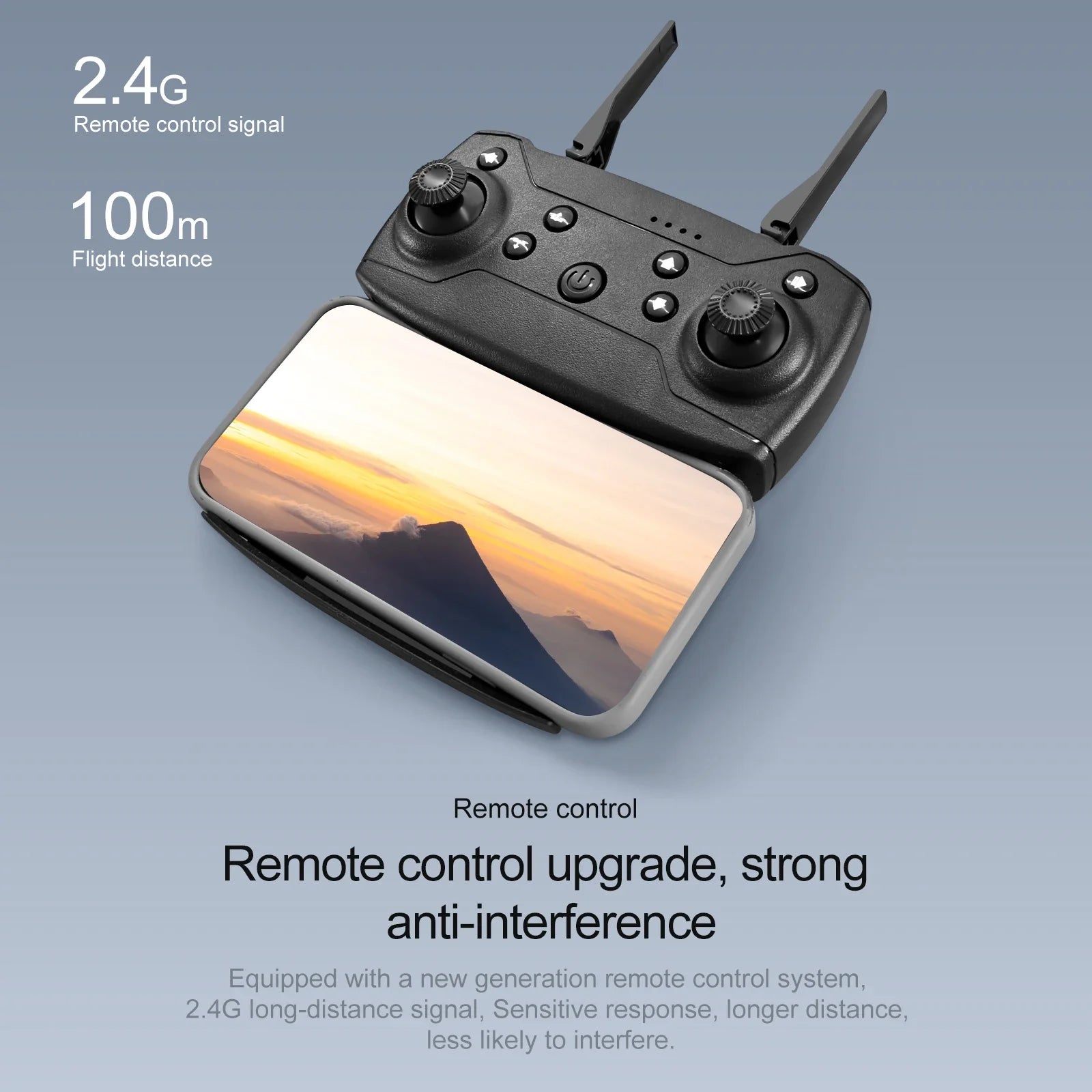Black plastic drone remote controller with two antennas, dual joysticks, and an integrated smartphone holder.