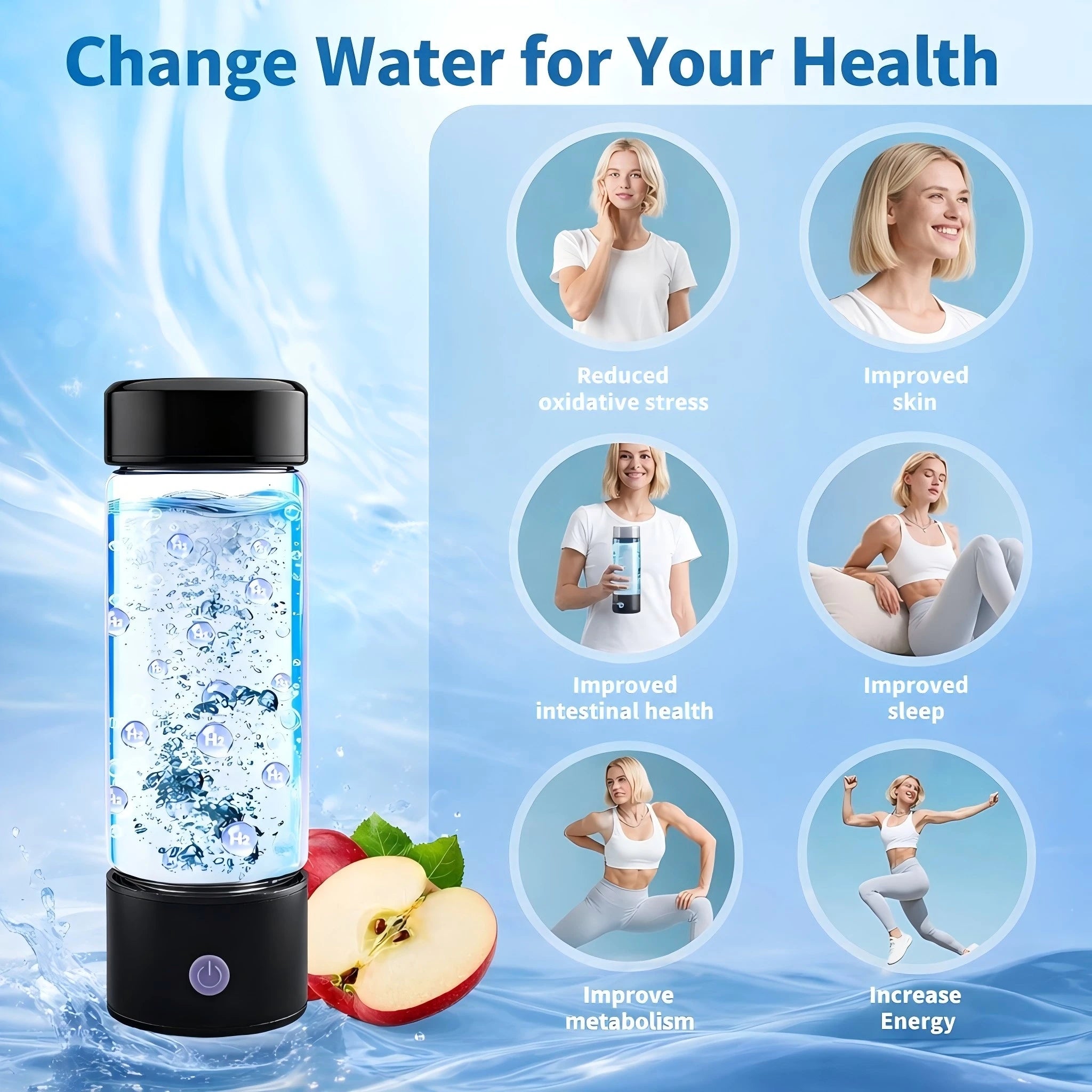 Tidesmit portable hydrogen water generator bottle showing charging port and alkaline ionizer features side view