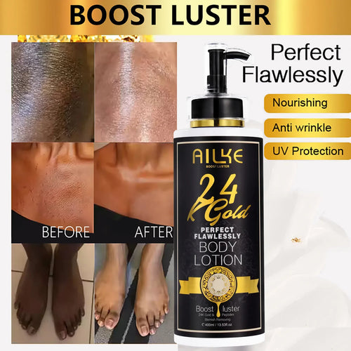 Ailke 24K Gold turmeric serum body lotion in a 400ml black and gold bottle for anti-inflammatory skin brightening.