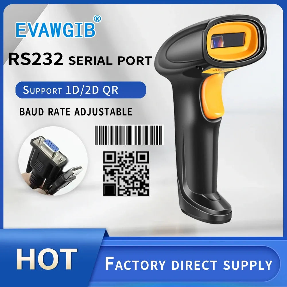 Handheld wired barcode scanner with orange head and black grip, RS232 serial port