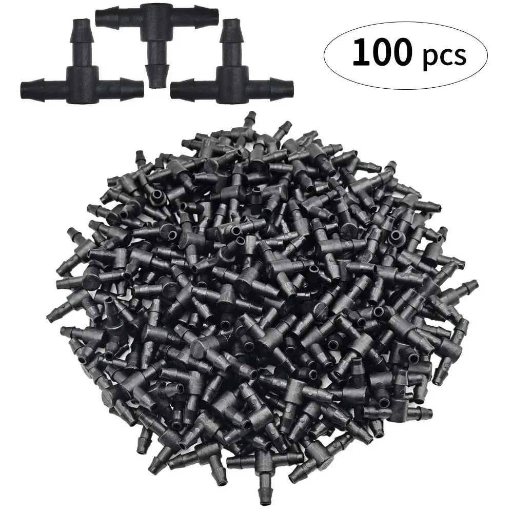Black micro drip nozzles and connectors for irrigation tubing, 100 pcs