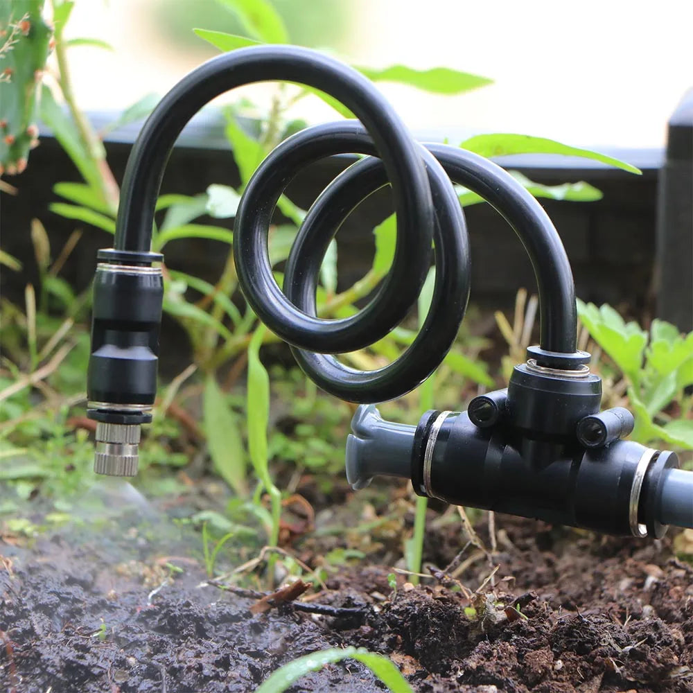 Black 360° bend misting sprayer with curved tubing and valve assembly