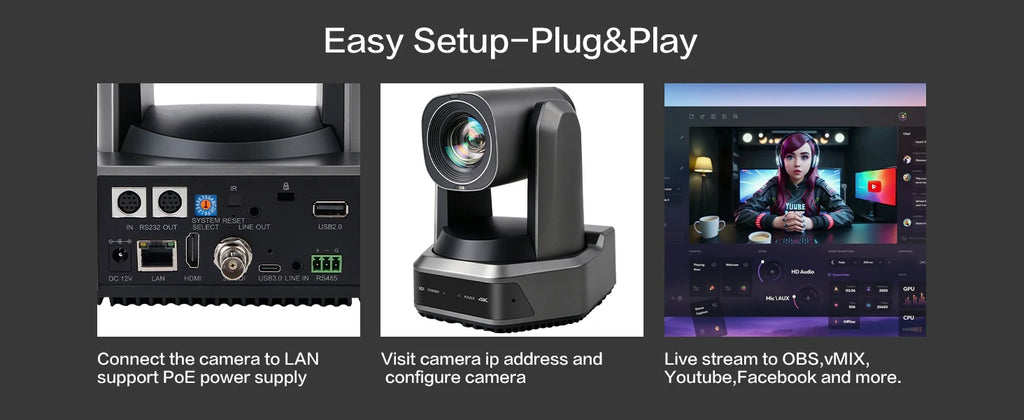 Runpu 4K 60fps NDI PTZ Camera 20x 30x Optical Zoom IP LIve Streaming PTZ Camera AI Auto-Tracking 3G-SDI LAN USB PoE for Church