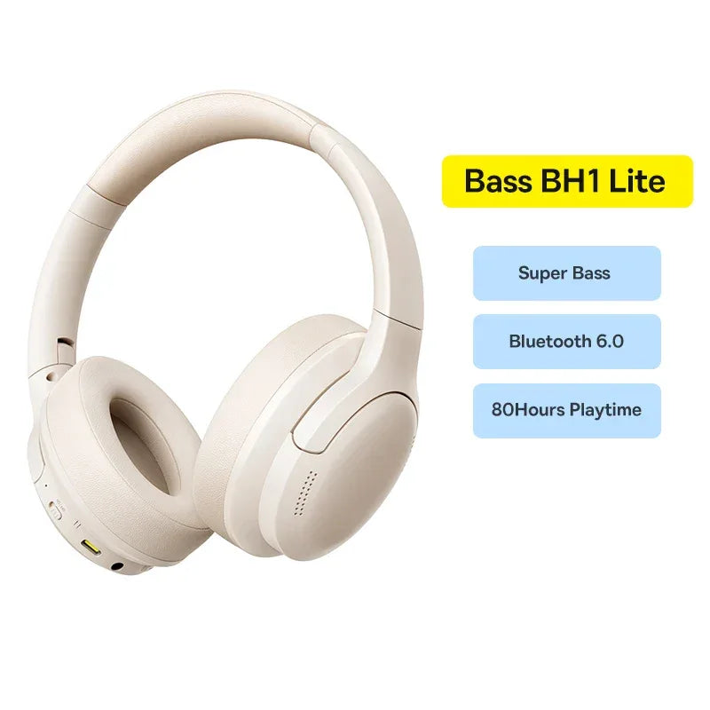 Baseus Wireless Headphones Bluetooth 5.3 HIFI Level Earphone 40mm Driver Foldable Over Ear Headsets 70H Playtime Spatial Audio Bass BH1 Lite White China Mainland Tidesmit