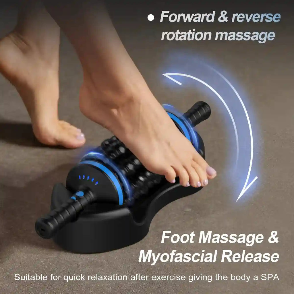 Black, rechargeable cordless body massager with textured rolling nodes, shown massaging a foot on a stationary base.