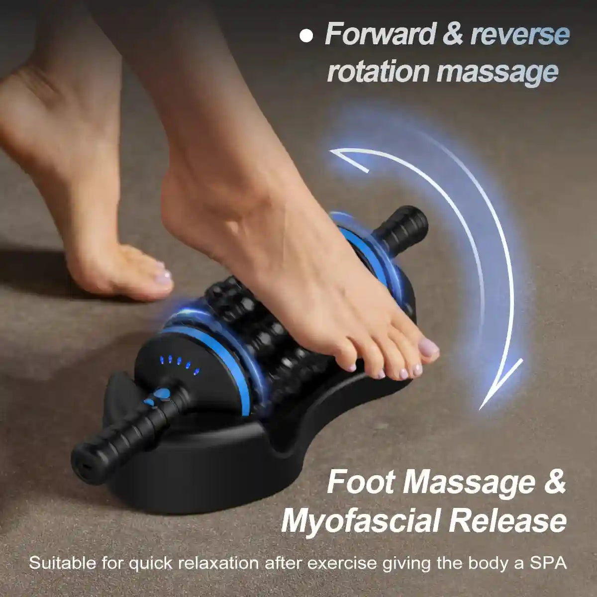 Black, rechargeable cordless body massager with textured rolling nodes, shown massaging a foot on a stationary base.
