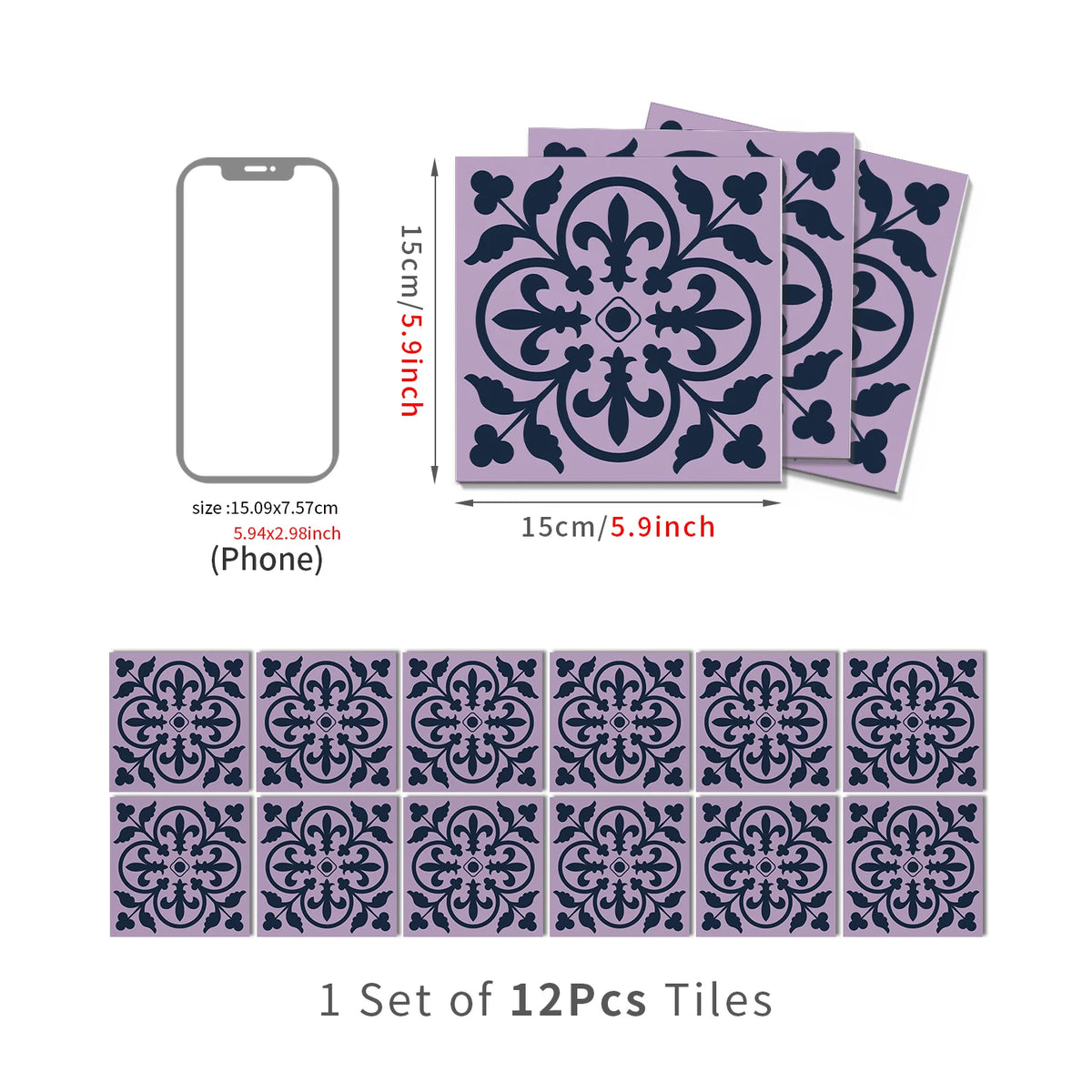 Set of 12 Moroccan peel-and-stick tile stickers, purple with dark navy ornate damask.