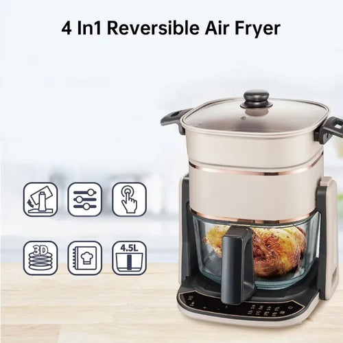 White electric air fryer with lid and 4.5L see-through glass cooking basket