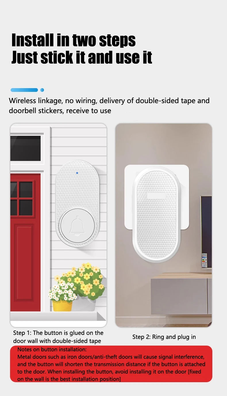 Wireless Doorbell Smart Home 200m Long Distance Remote Control Multi-tone Welcome Door Bell Volume Adjustment EU US Plug White