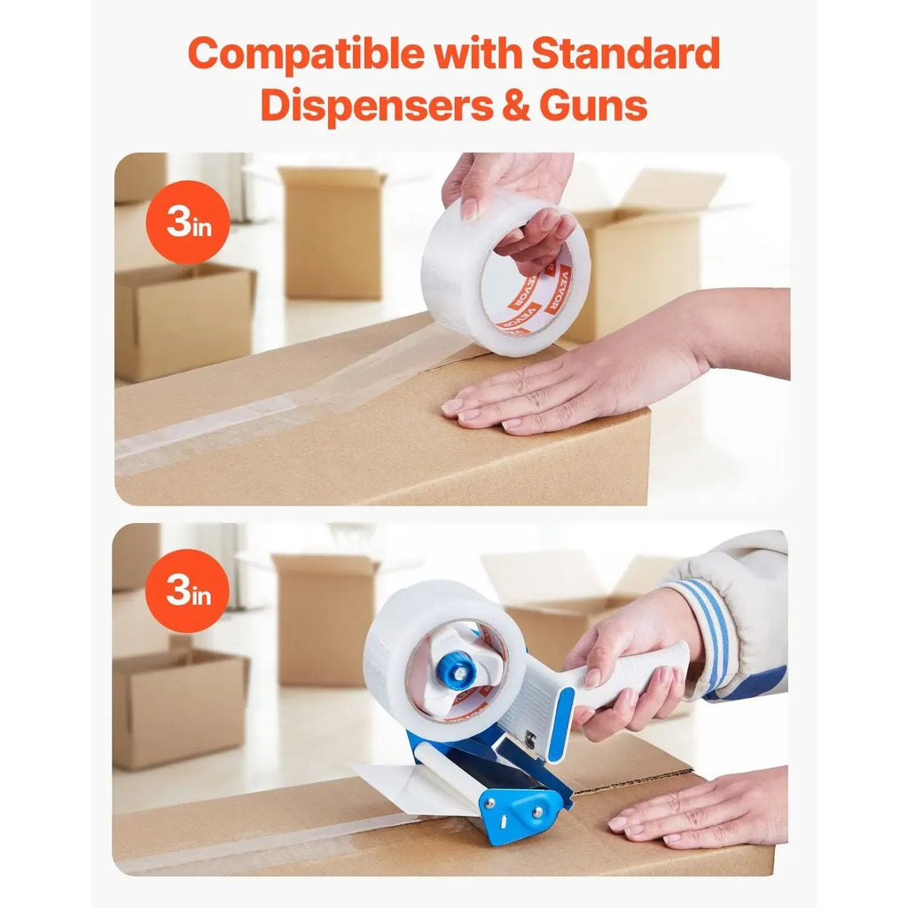 Clear packing tape applied with a blue tape dispenser gun to cardboard boxes