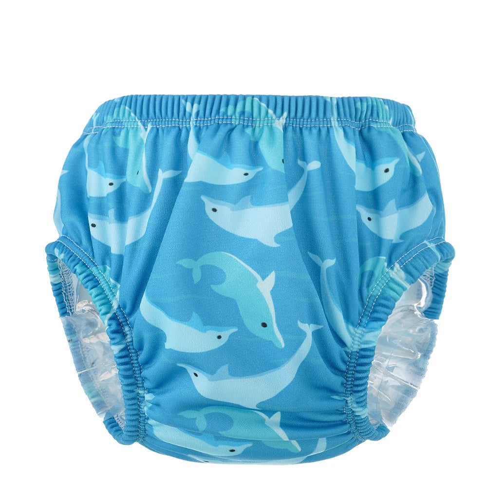Blue baby swim diaper with dolphin print pattern for infants and toddlers.