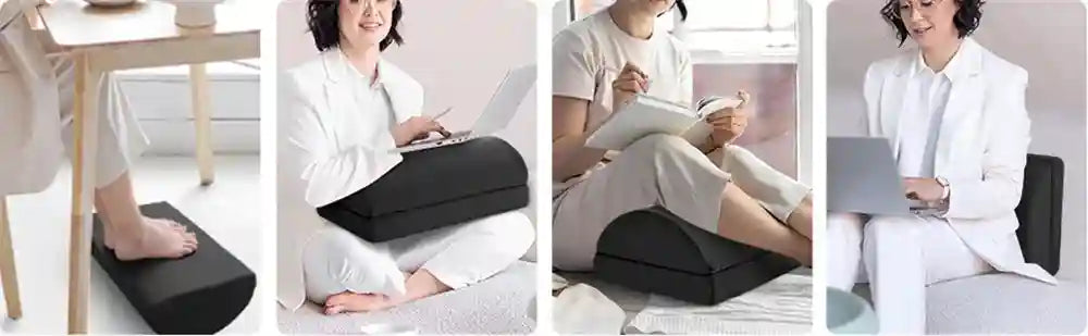 Adjustable black memory foam under-desk foot rest stool for ergonomic office chair comfort and back pain relief.