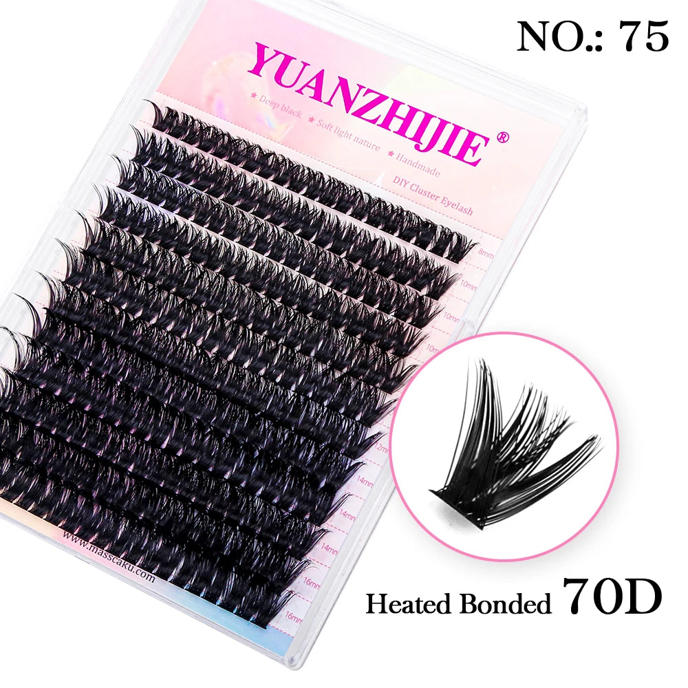 Tray of black, segmented mink cluster lashes (No. 75, 70D style) with a close-up of a single bonded lash cluster.