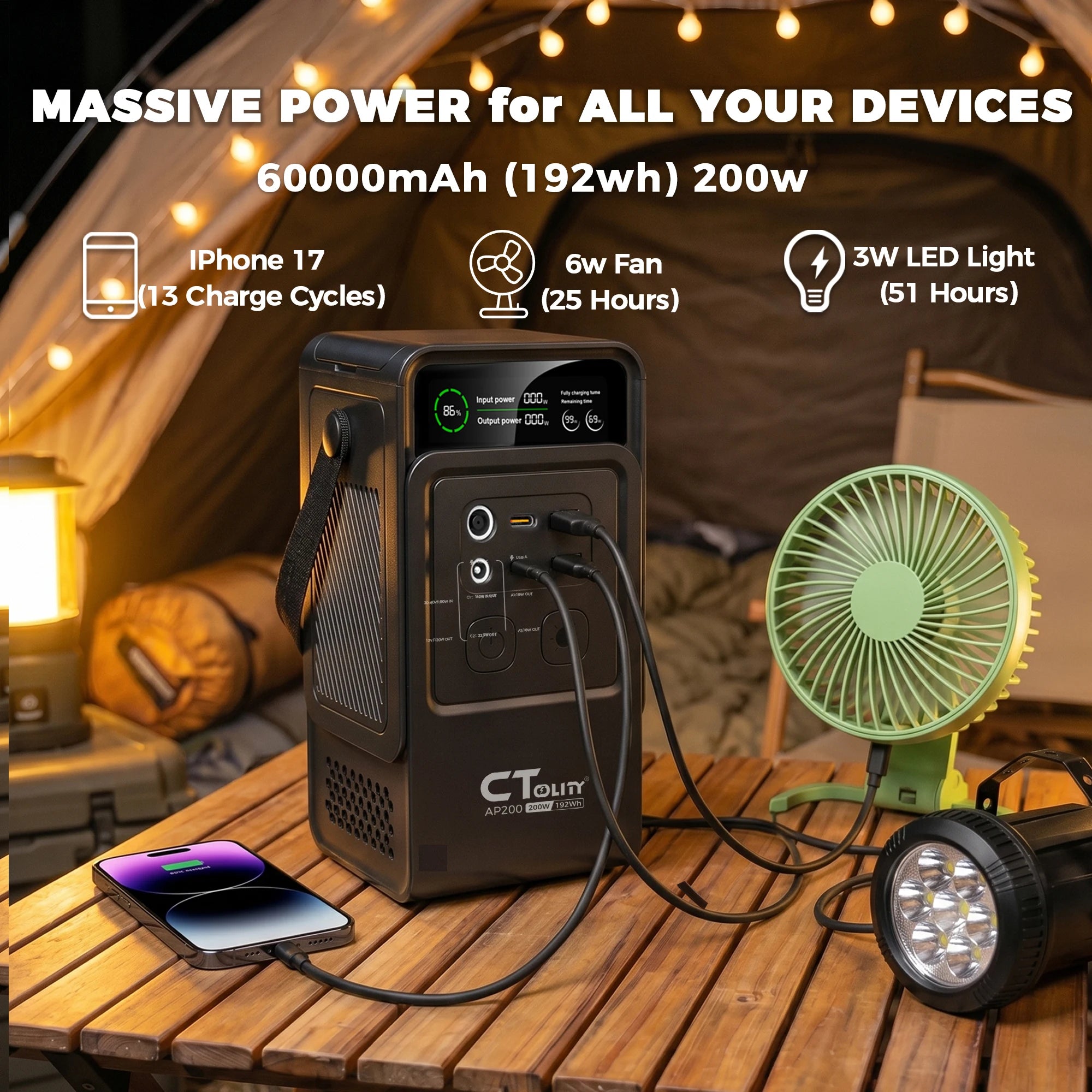 CTOLITY AP200 XP1000 200W/1800W Portable Power Station 192Wh/1024Wh 60000mAh/320000mAh LiFePO4 Battery Solar Generator UPS Function Emergency Power Supply for Camping Outdoor
