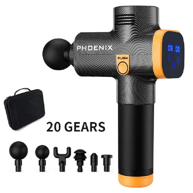 Black and orange handheld percussion massage gun with digital display, 6 attachments, and a carry case.