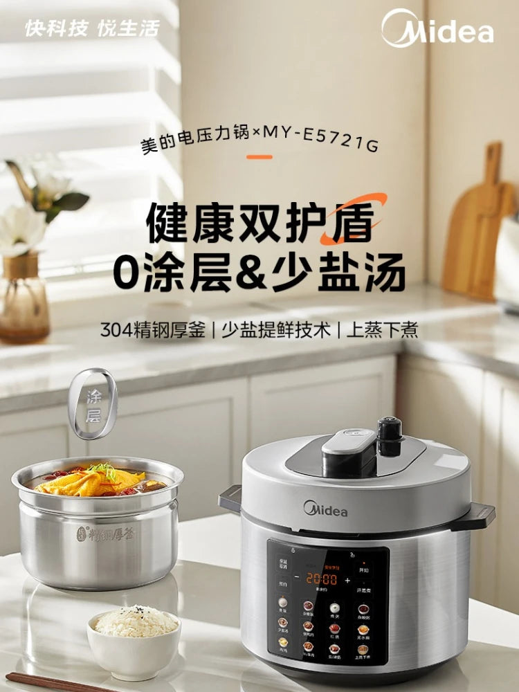 Midea electric pressure cooker on kitchen counter with stainless pot and bowl of food