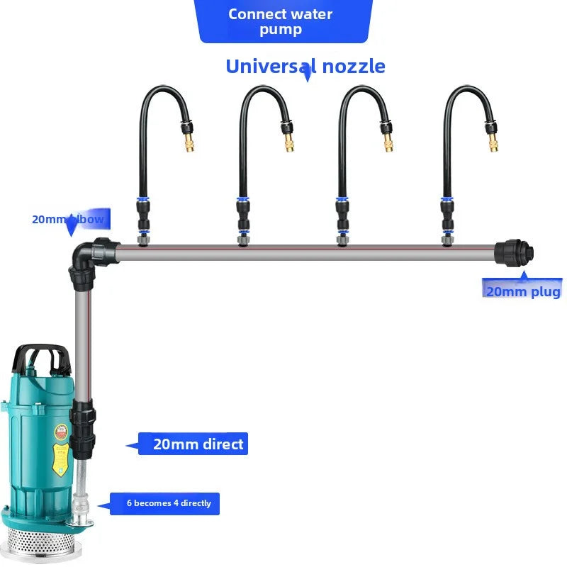 Irrigation sprinkler rail with four universal nozzles and pump connection adapter