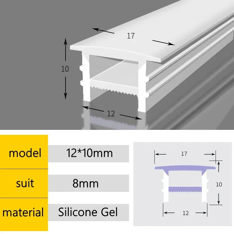 Silicone LED neon diffuser tube cross-section, 12x10mm profile, silicone gel
