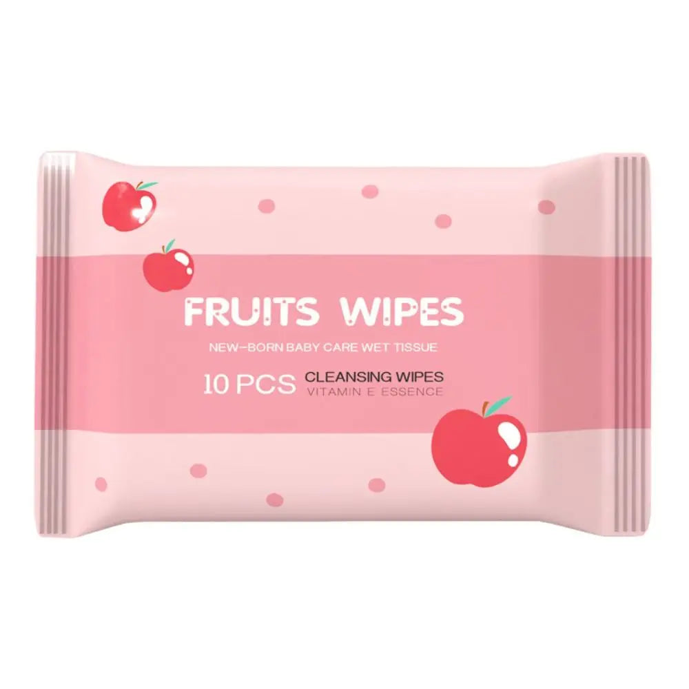 Fruits Wipes baby care cleansing wet tissues, 10 count, pink packaging with apple design and Vitamin E essence.
