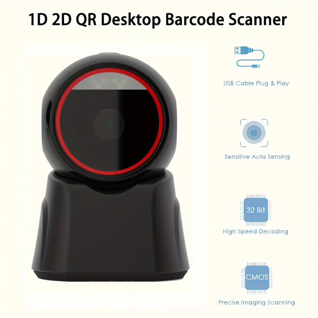 Black front-facing desktop barcode scanner with red ring and USB connection icon