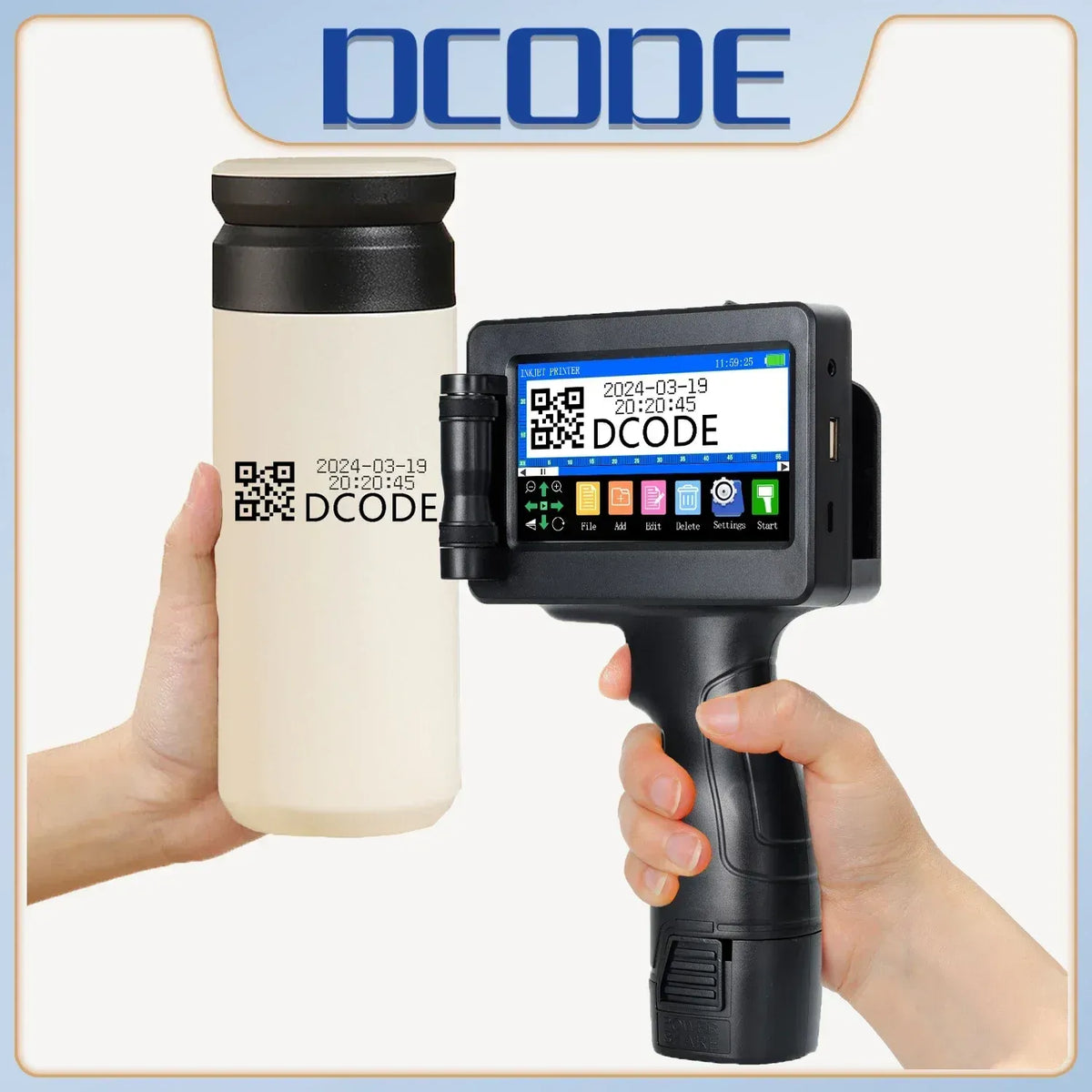 Handheld inkjet batch printer with touchscreen display and QR code preview
