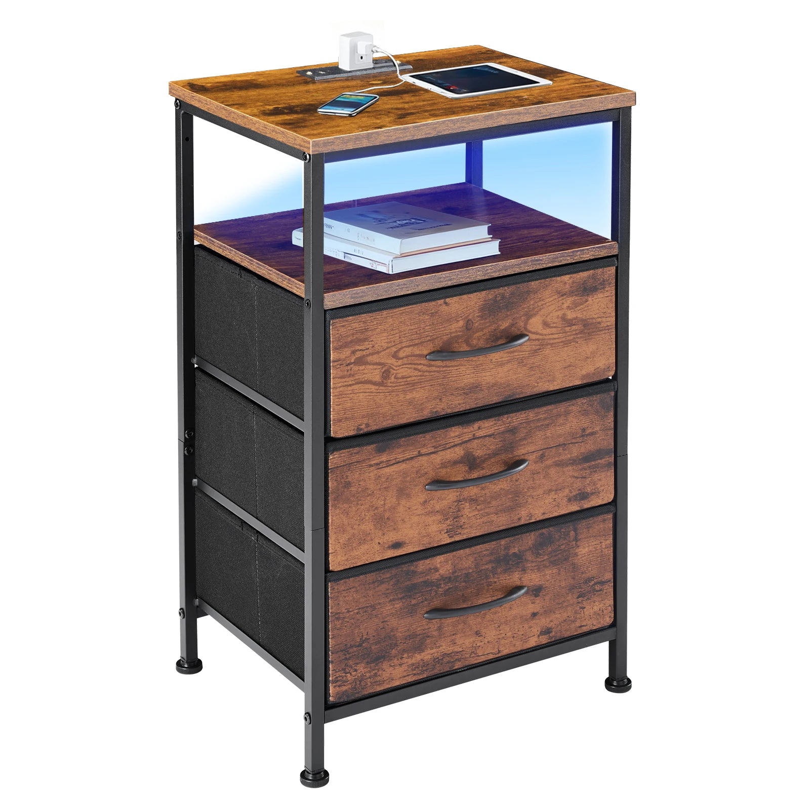 Rust and black 3-drawer bedside table with charging top, open shelf, and wood drawer fronts