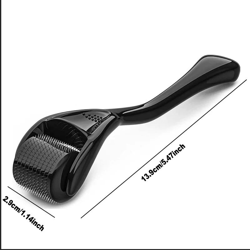 Black 540-needle derma roller with a glossy ergonomic handle, shown with width and length dimensions labeled.