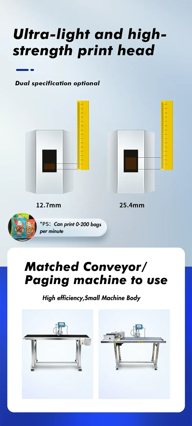 Inkjet printer diagram featuring print head size 12.7mm and matched conveyor for labeling
