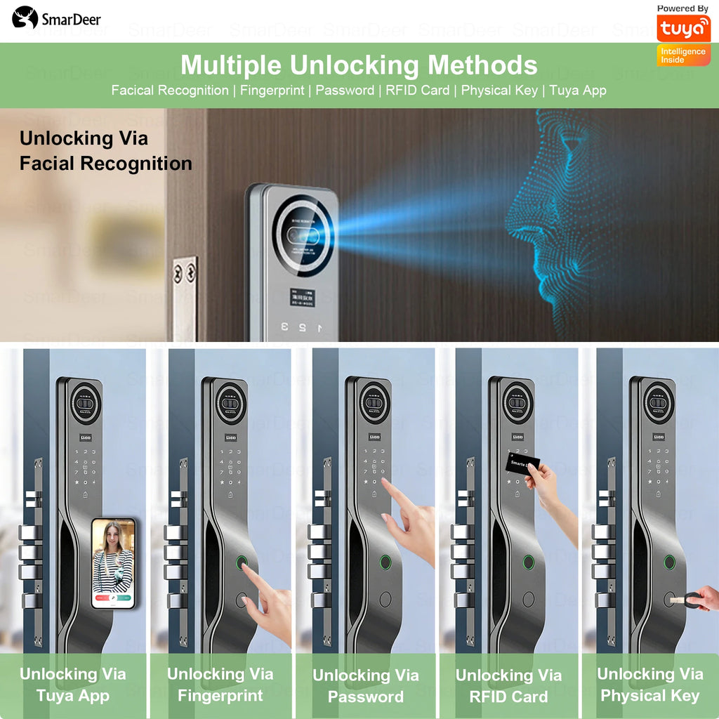 3D Facial Recognition Smart Door Lock with Video Doorbell Camera, Tuya WiFi Fingerprint Password Keyless Security Lock