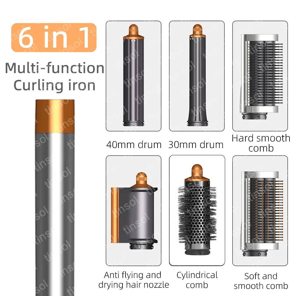 6-in-1 high-speed ionic hair dryer set with gold and grey curling attachments, styling drums, and professional combs.