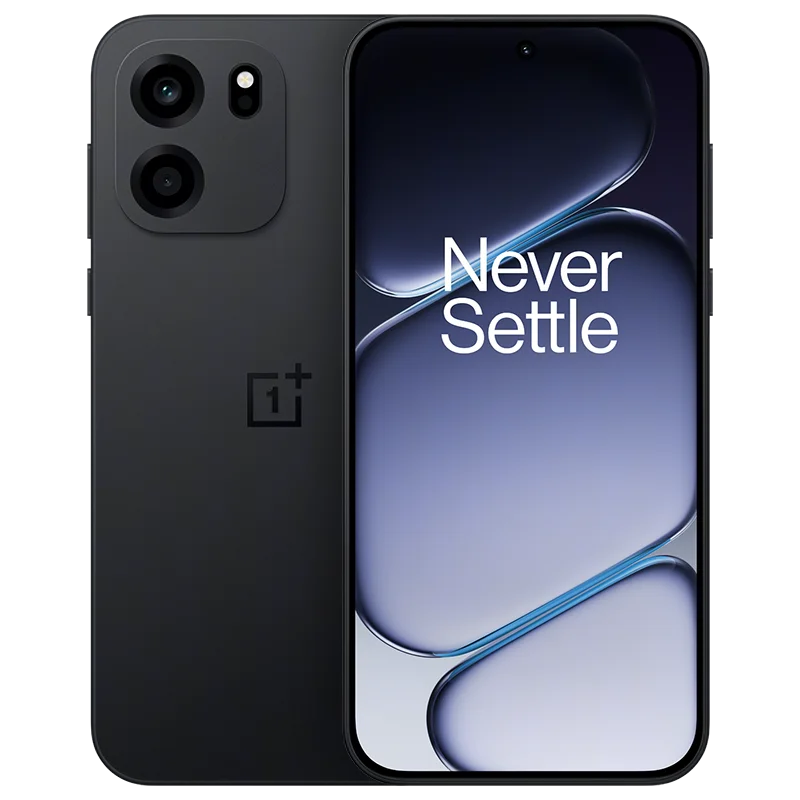 Black OnePlus Turbo 6V front and back view, 50MP camera, 6.78" AMOLED display, 9000mAh battery, Snapdragon 7S Gen 4.