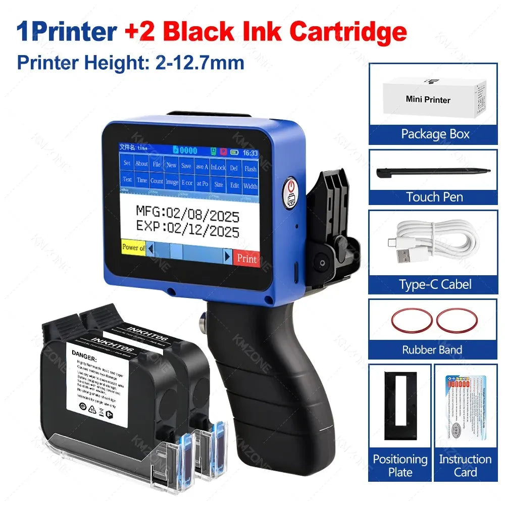Handheld mini inkjet printer with 2 black ink cartridges and touch pen accessories