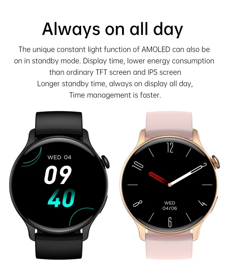 2025 AMOLED Smart Watch Ladies Screen Always Show Time 466*466 HD Health Tracker Voice Calling Smartwatch Women
