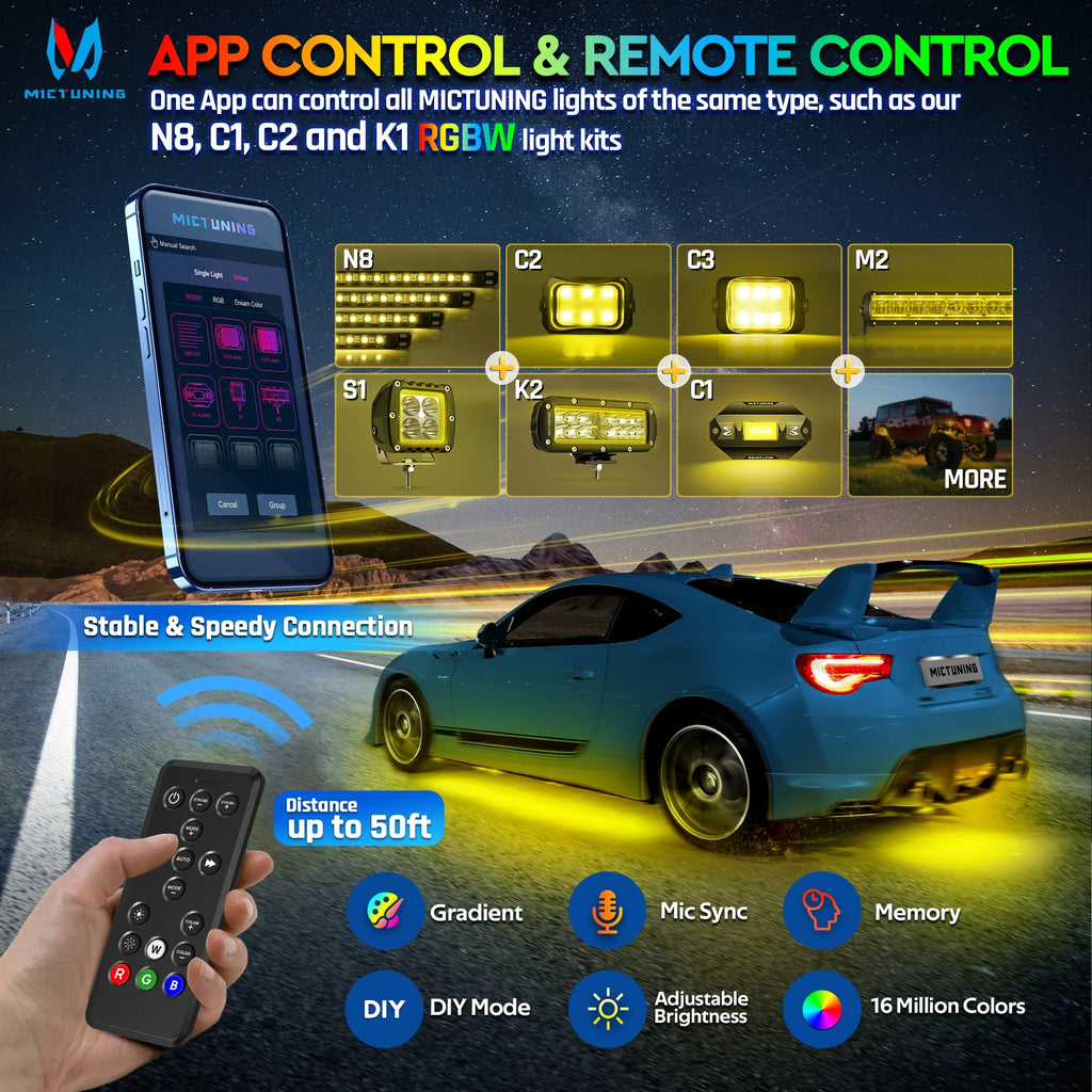 RGBW LED light kits controlled by smartphone app or remote for automotive accent lighting, showing various light styles.