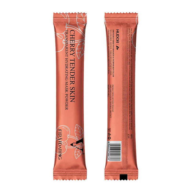 Two vertical sachets of Cherry Tender Skin hydrating face mask powder in metallic rose-gold packaging.