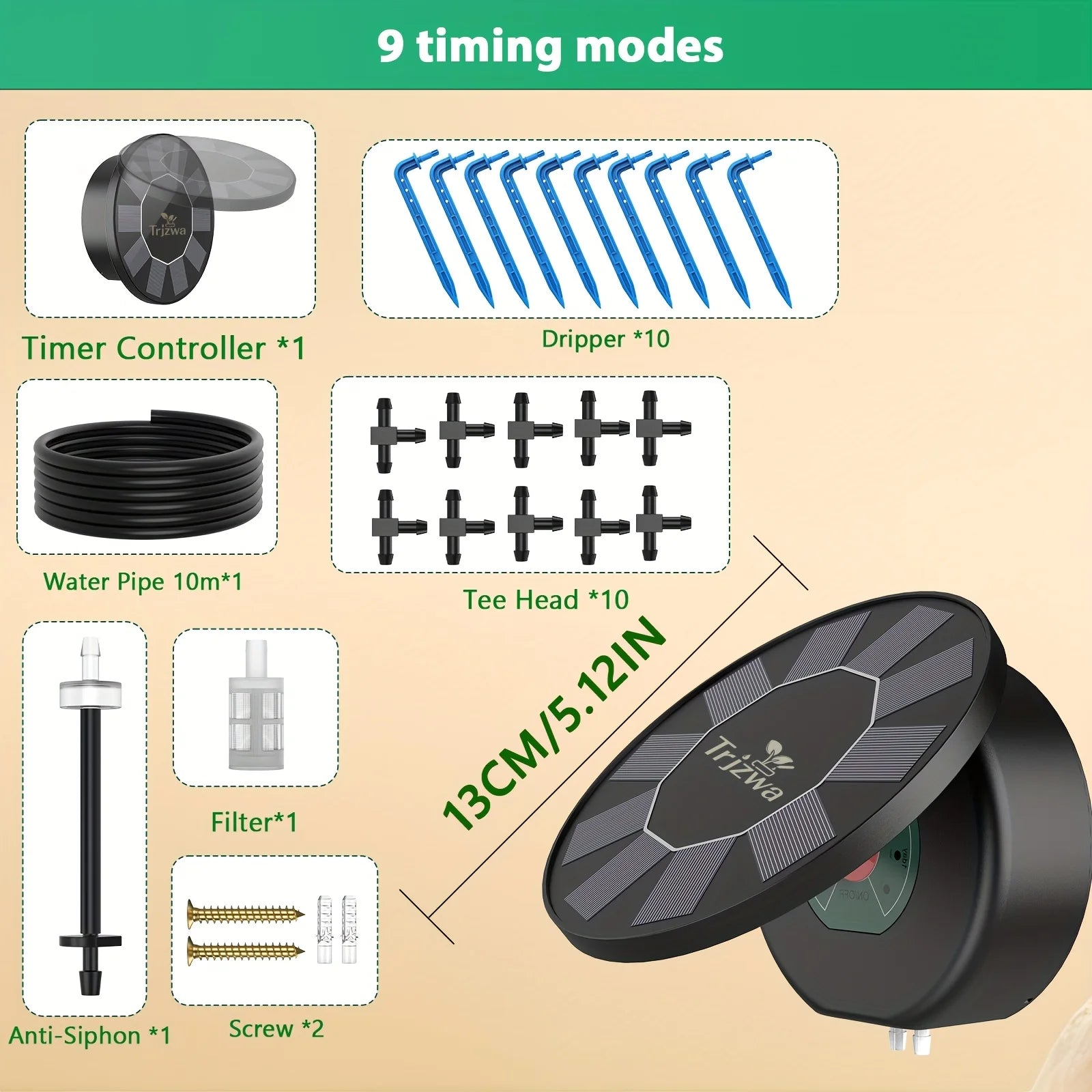 Solar drip irrigation parts set: timer controller, 10 drippers, tees, water pipe, filter