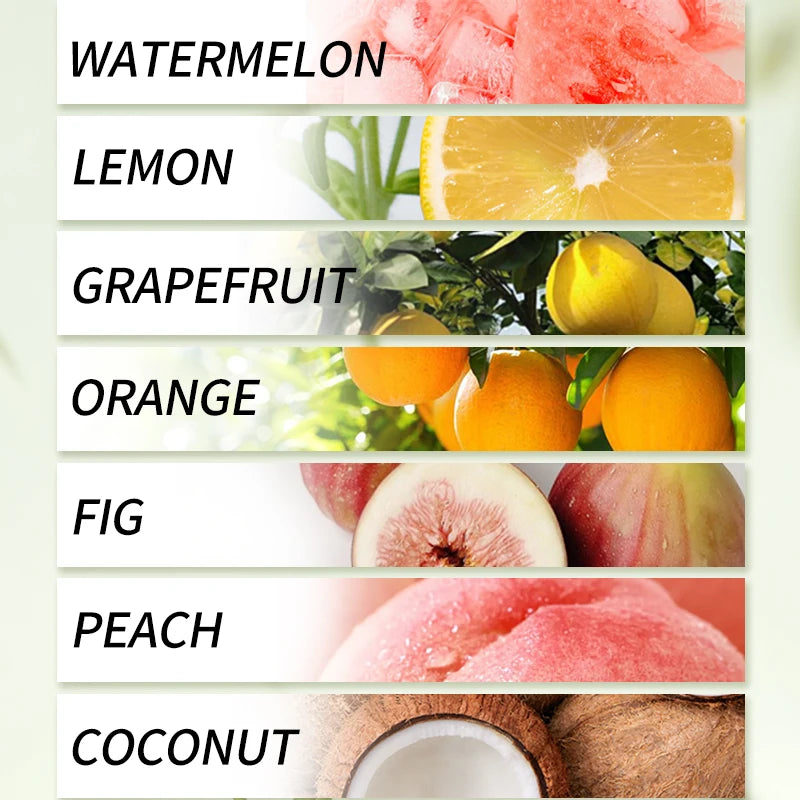 Horizontal list of fruits: watermelon, lemon, grapefruit, orange, fig, peach, and coconut, labeled for identification.