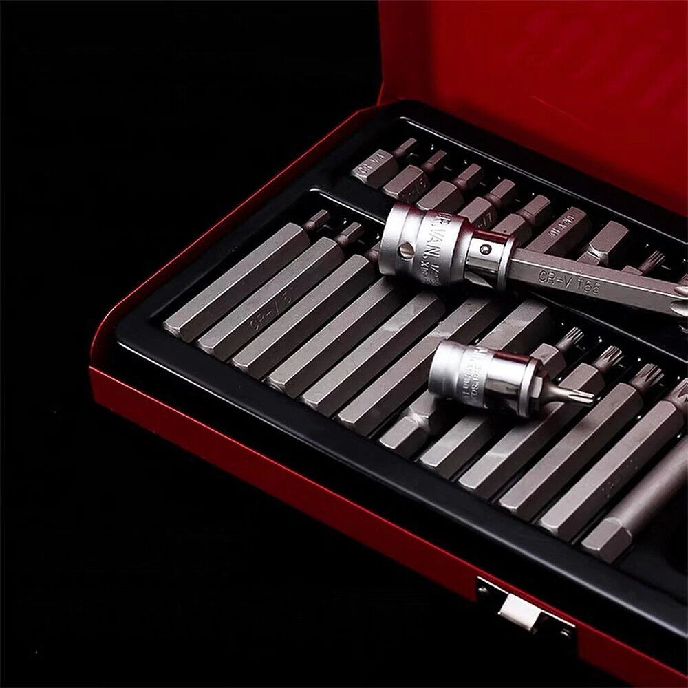 40PCS Torx Hex Spline Bit Socket Set with 1 Pair Work Gloves, CR-V Steel Drive Bits with Red Metal Storage Box, Professional Auto Repair Mechanic Tool Kit Compatible with Ratchet Wrench, Electric Drill for Garage DIY Househol
